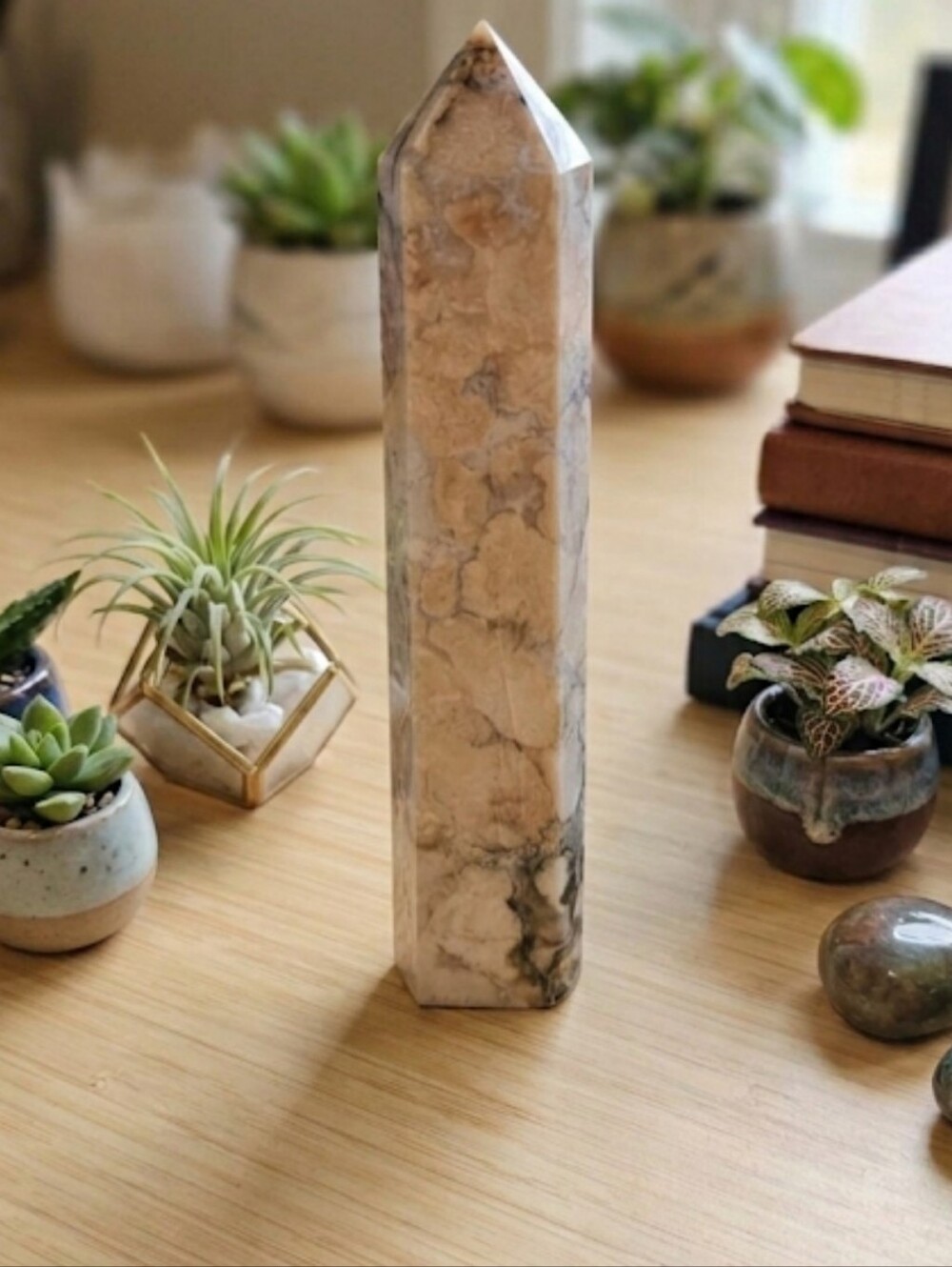 7" Japanese Sakura Flower Agate Statement Piece Tower Blue/Pink Crystal Decor